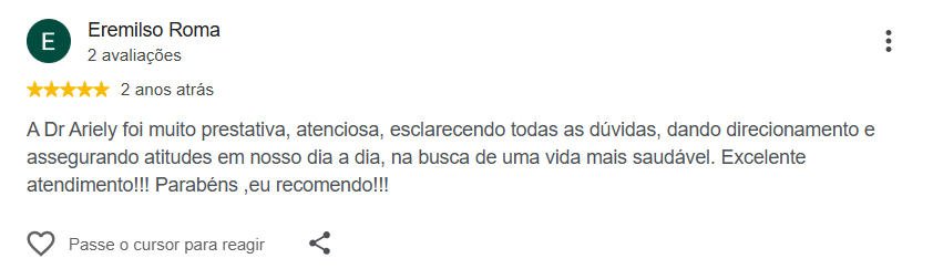 Avaliação pública de Eremilso Roma no Google