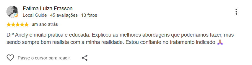Avaliação pública de Fatima Luiza Frasson no Google