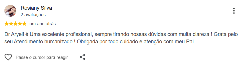 Avaliação pública de Rosiany Silva no Google