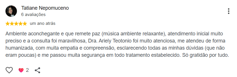 Avaliação pública de Tatiane Nepomuceno no Google