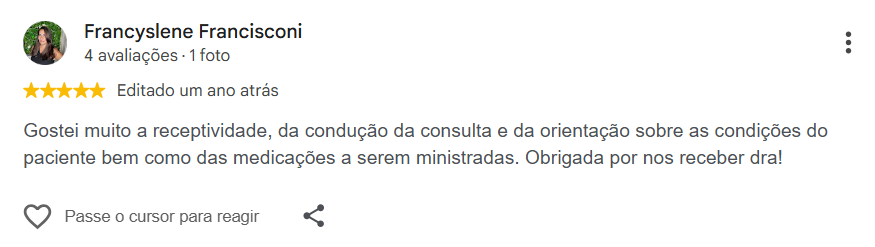 Avaliação pública de Francyslene Francisconi no Google