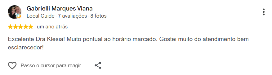 Avaliação pública de Gabrielli Marques Viana no Google