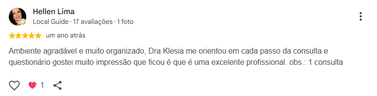 Avaliação pública de Hellen Lima no Google