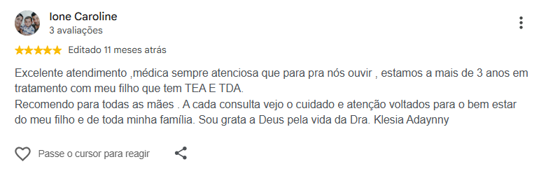 Avaliação pública de Ione Caroline no Google