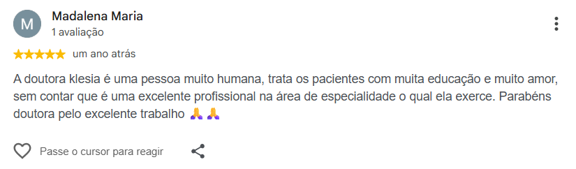 Avaliação pública de Madalena Maria no Google
