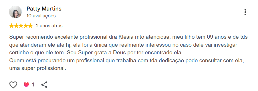 Avaliação pública de Patty Martins no Google