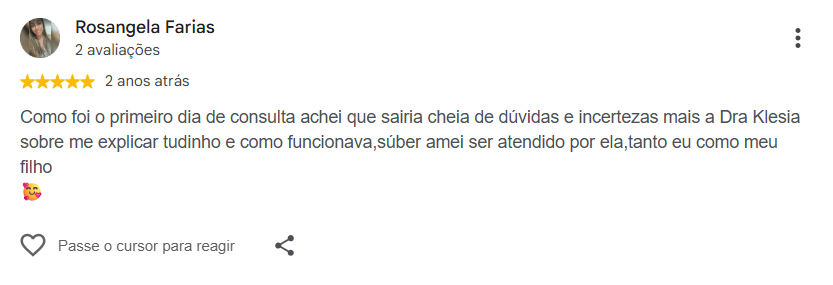 Avaliação pública de Rosangela Farias no Google