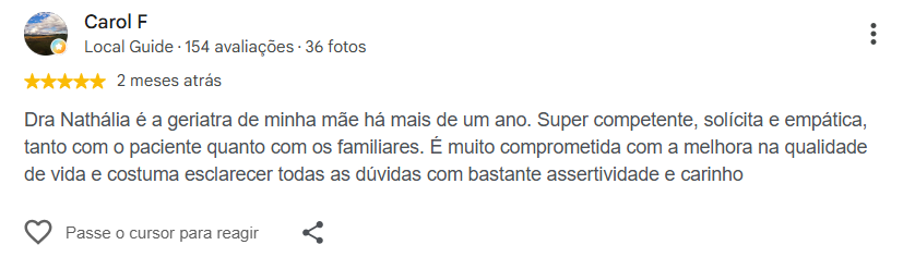 Avaliação pública de Carol F no Google