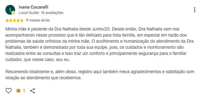 Avaliação pública de Ivana Cocarelli no Google