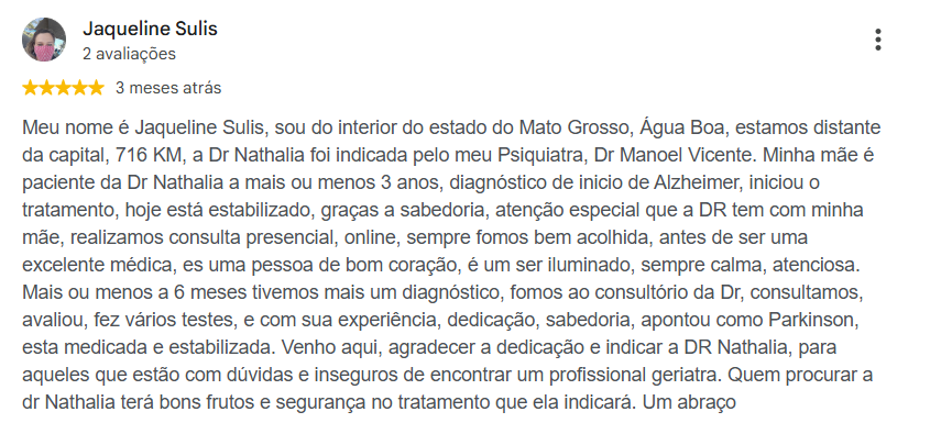 Avaliação pública de Jaqueline Sulis no Google